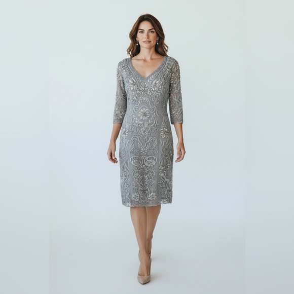 Sue Wong Nocturne Beaded Cocktail Dress 3/4 Sleeve V-Neck Sheath Size 2 - Picture 2 of 9